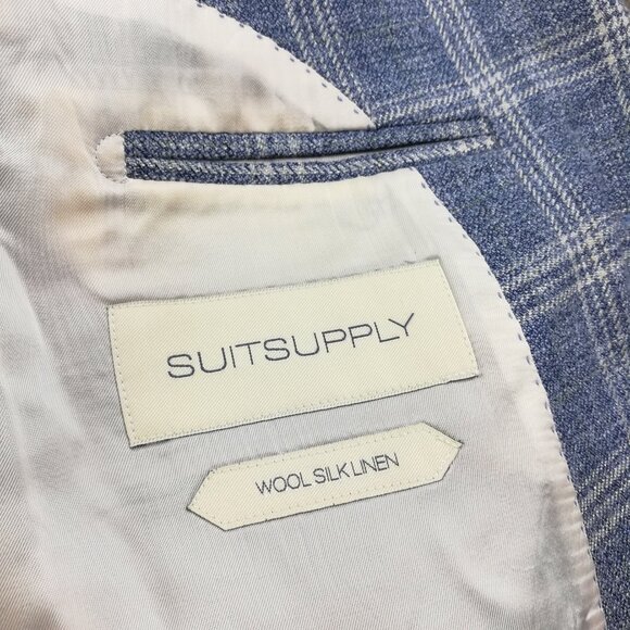 SuitSupply Sport Coat Blazer 40S E Thomas Silk Wool Linen Windowpane Plaid Blue - Picture 5 of 14